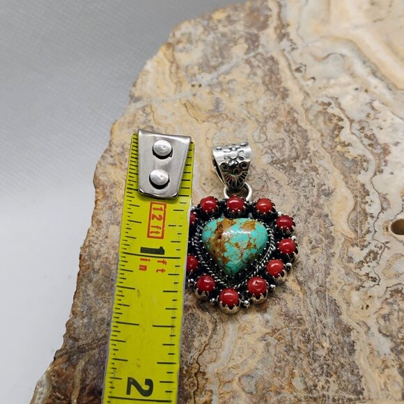 Southwest Turquoise Heart Stone Snake Eye Red Coral Stone Cluster Pendant - Picture 3 of 6